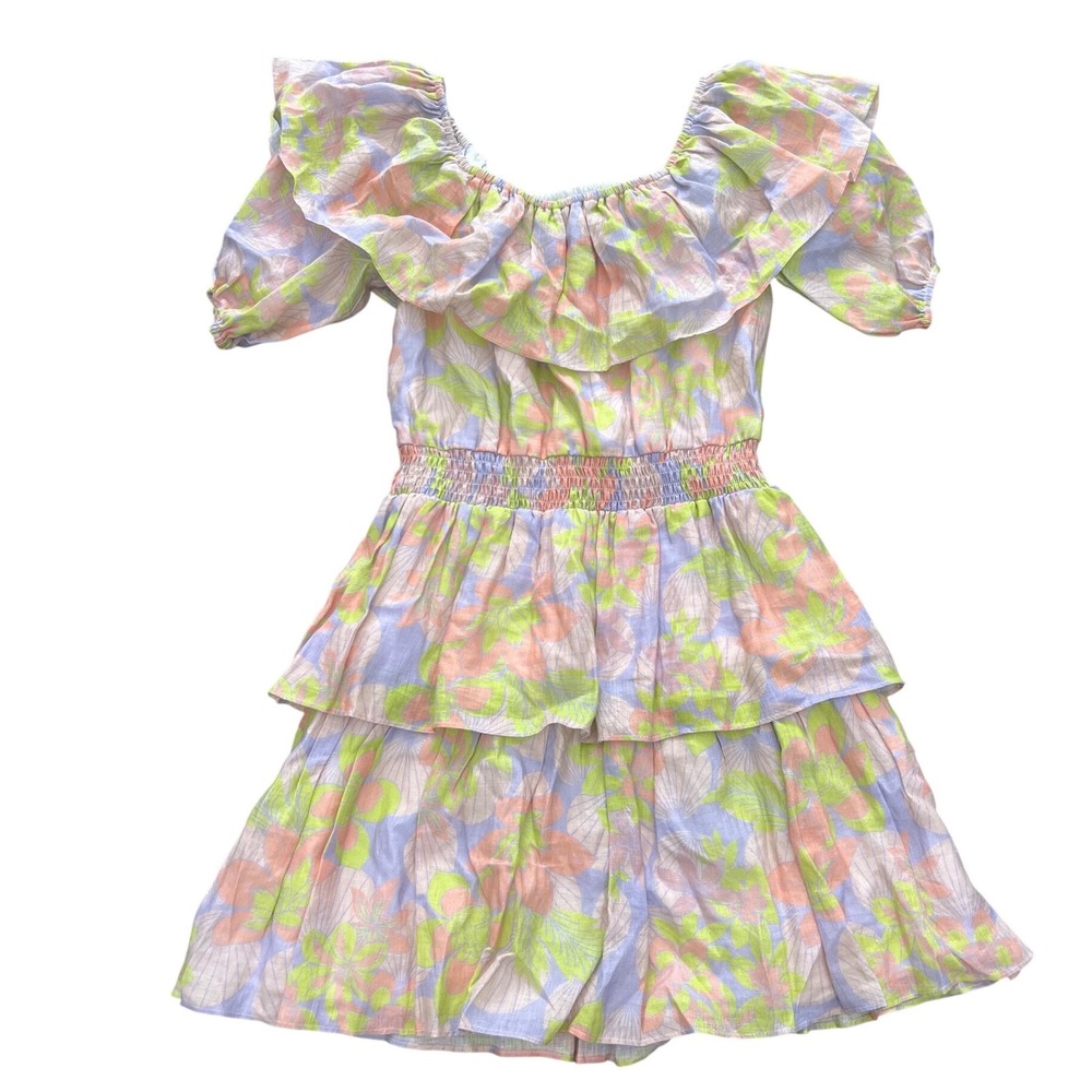 Work Activity Pastel Floral Ruffle Off Shoulder Smocked Mini Dress Lavender S